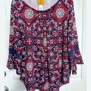 Simply Styled Red and Blue Patterned Blouse